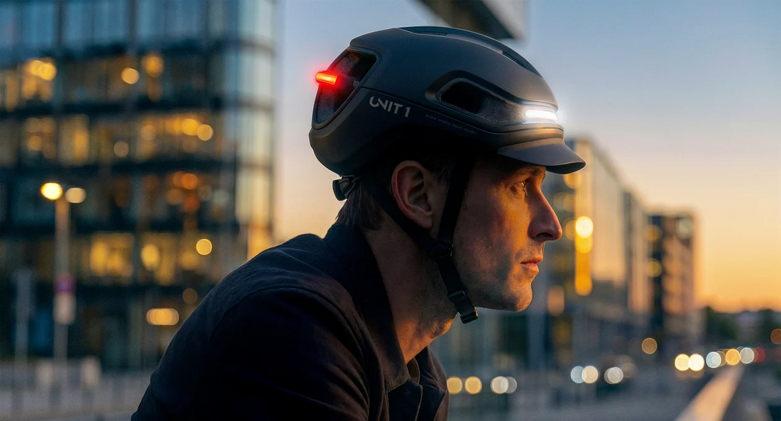 Een volwassen bestuurder op een elektrische step, met een ‘ UNIT 1 ’-smarthelm op, in een straat in de stad