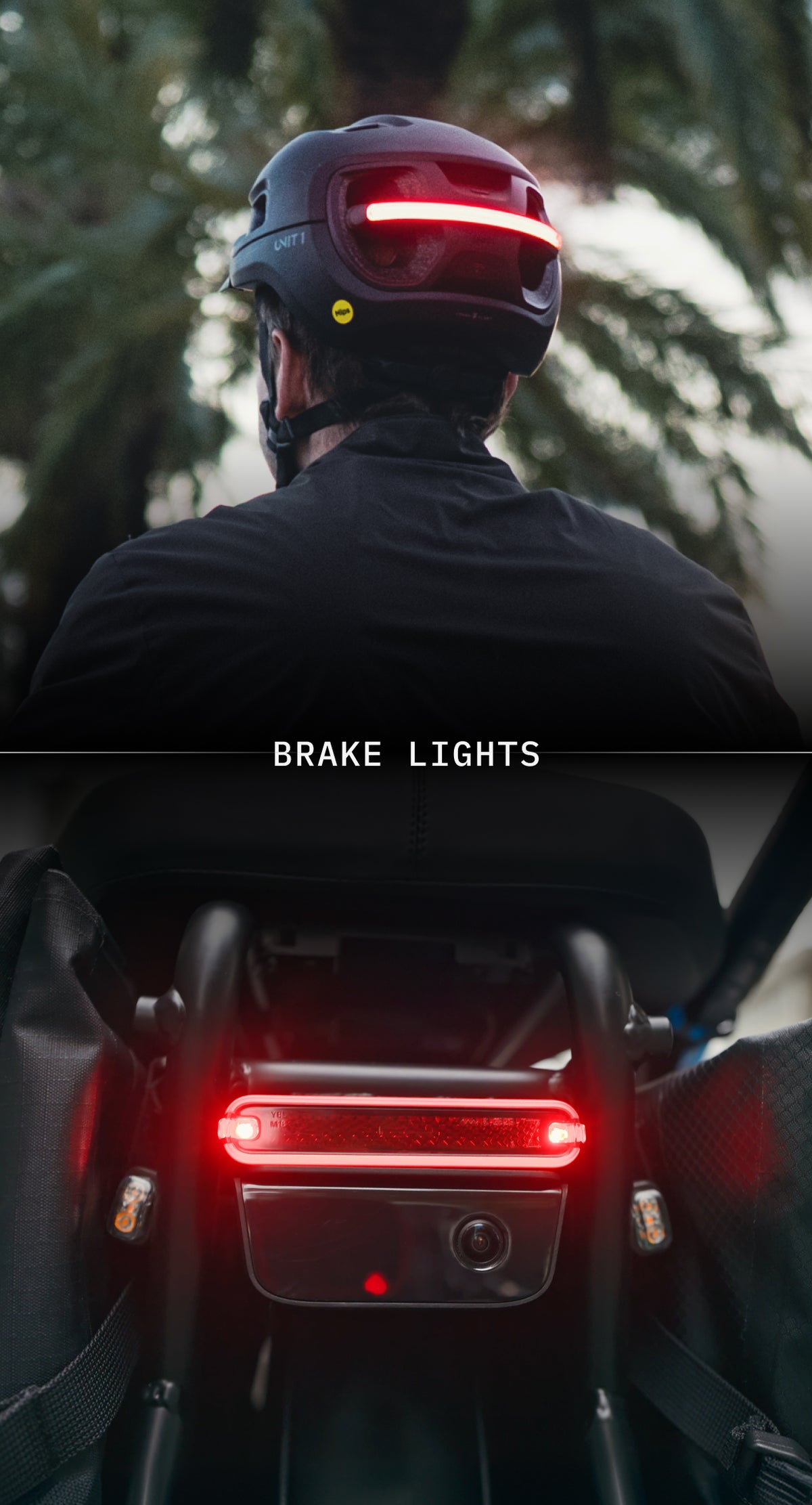 Brake lights on the helmet and the e-bike, lit at the same time